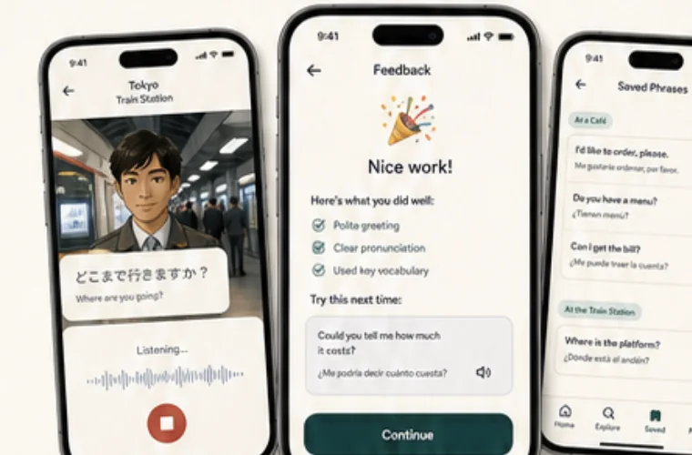 Three Arrival screens: a Tokyo train station conversation, session feedback, and saved phrases