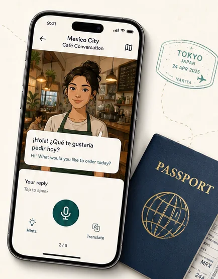 Arrival app on a phone showing a Mexico City café conversation, beside a passport and Tokyo stamp